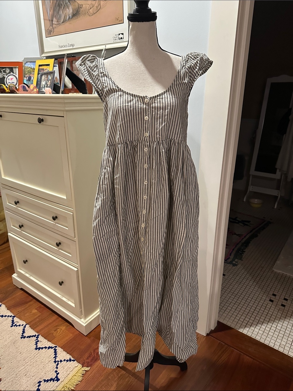 THE GREAT. Gray and White Striped Button-Front Maxi Dress